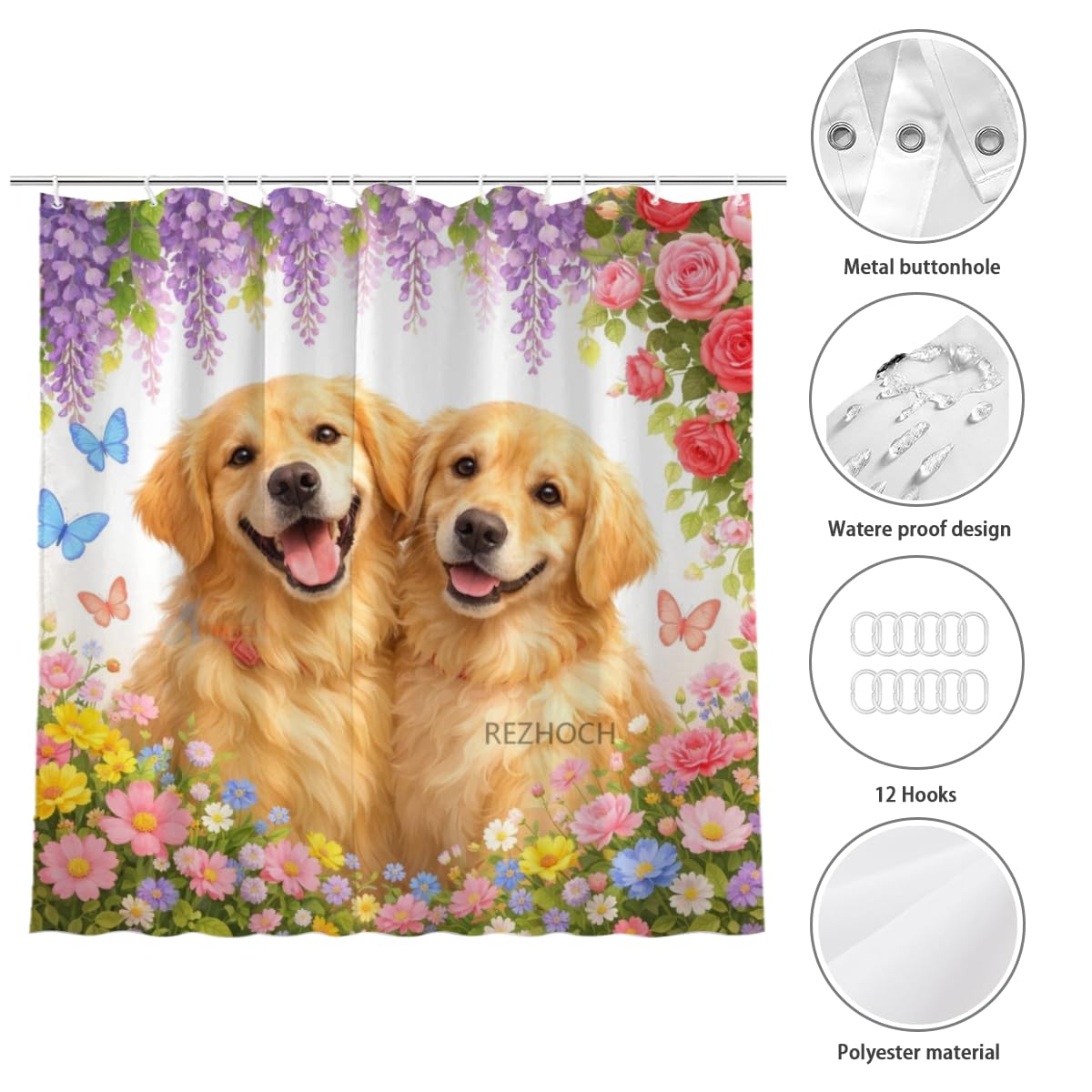 REZHOCH Fun Golden Retriever Shower Curtain 72x72 Inch,Floral Dog Bathroom Decor Spring Summer Garden Flowers Wisteria Rose Butterfly,Cute Animal Waterproof Fabric Bath Set with Hooks