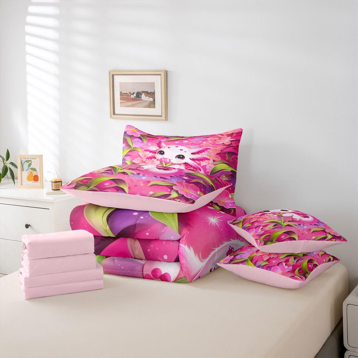 Erosebridal Kids Floral Axolotl Twin Size Bedding Set Teen Girl Cute Axolotl 7 Pieces Comforter Set with Sheets Romantic Sea of Flowers Bed in a Bag Girly Pink Sea Ocean Animal Bed Sets