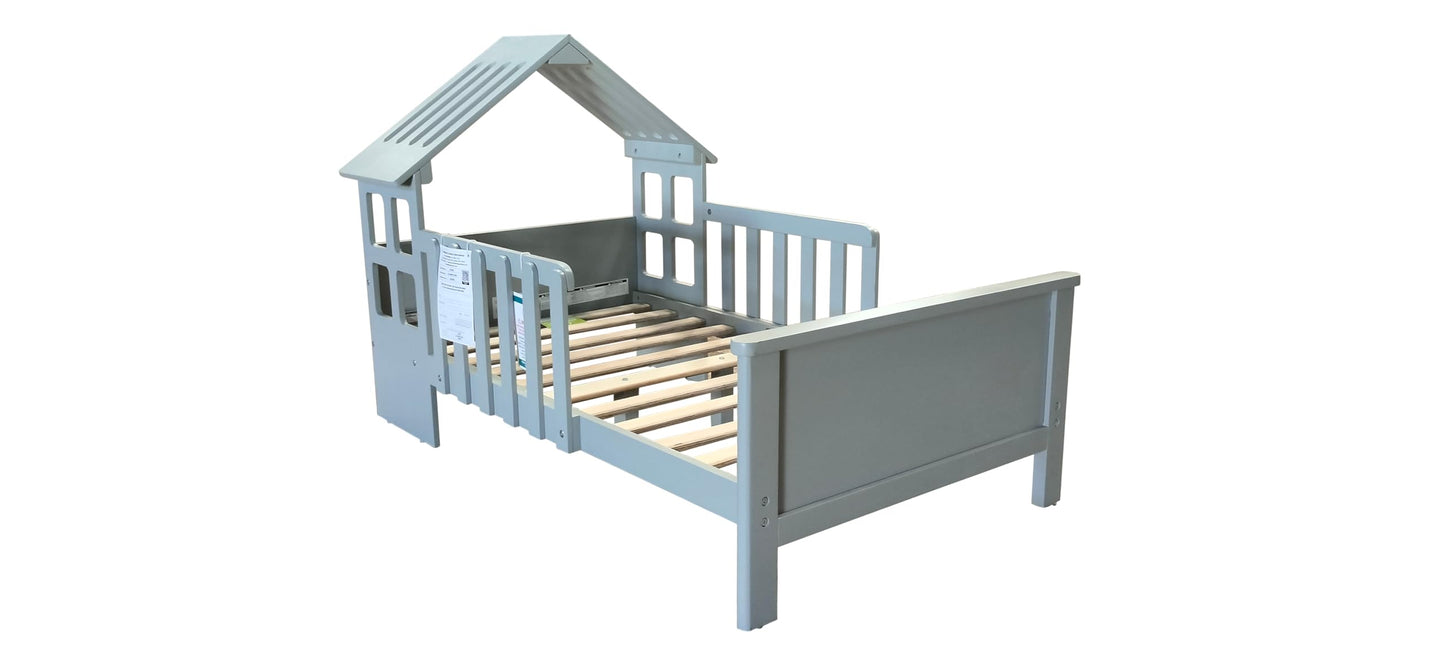 Little Partners Lil' House Toddler Bed, Solid Wood Home-Shaped Child's Bed Frame with Rails & Two Safety Guards, Fits Crib Size Mattress, Easy Access Low-to-Ground Modern Design (Silver Drop)