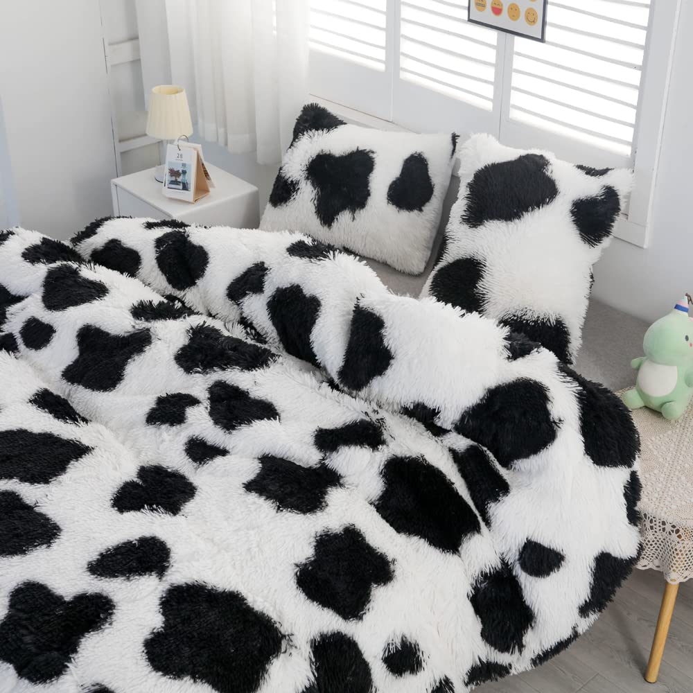 Roscloud Faux Fur Kids Girls Cow Print Comforter Sets Twin/Full - 3PC Bed Set Warm Comfortable Soft Plush Flannel Velvet Fluffy Fuzzy Bedding（Comforter x 1 Pillowcases x 2）
