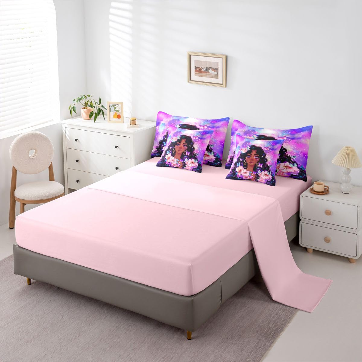 Erosebridal Cute Cartoon Black Girls Queen Bedding Set Purple Pink Romantic Floral Comforter Set with Flat and Fitted Sheet Kids Teen Vibrant Butterfly 7-Piece Bed in a Bag Watercolor Art Quilt Sets