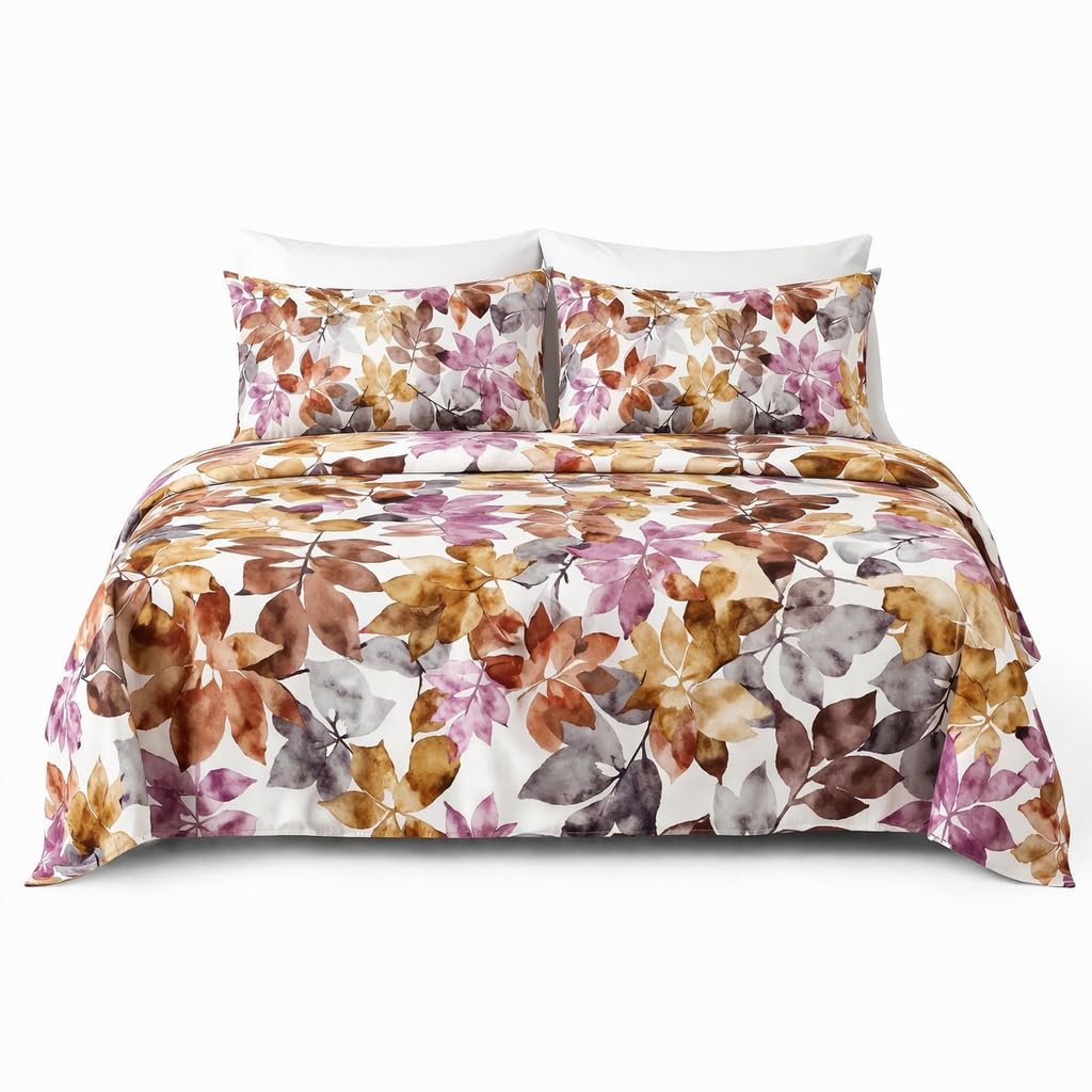 HCORA Leaf Print Queen Sheet Set, Ultra Soft Double Brushed Microfiber Bed Sheets, Deep Pocket, Breathable, Wrinkle Resistant, Easy Care, 4PC, Queen Size