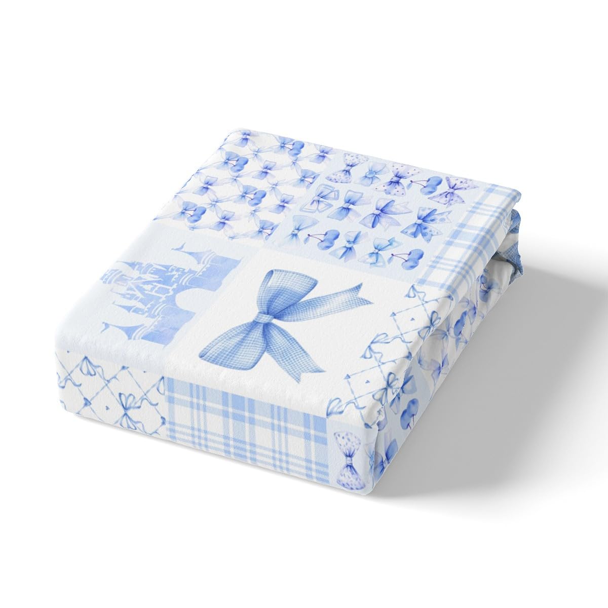 Blue Bowknot Fitted Sheet Full Size,Cherry Bow Tie Castle Princess Dreamy Bedding Set,Girls Women Room Decor,Geometric Plaids Patchwork Bed Cover,Beauty Fashion Bed Sheet,2 Pillowcases