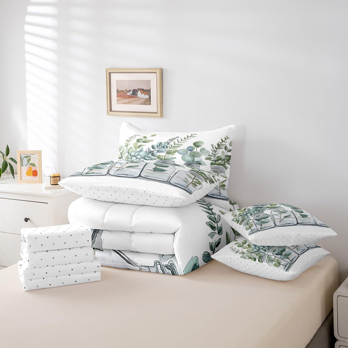 Erosebridal Spring Green Leaves Comforter Set Full Size,Botanical Leaves Bedding Set for Kids Teens,Eucalyptus Leaf (Comforter+Fitted+Flat Sheet+2 Pillowcases+2 Throw Pillow Covers) 7 Pieces Bed Set