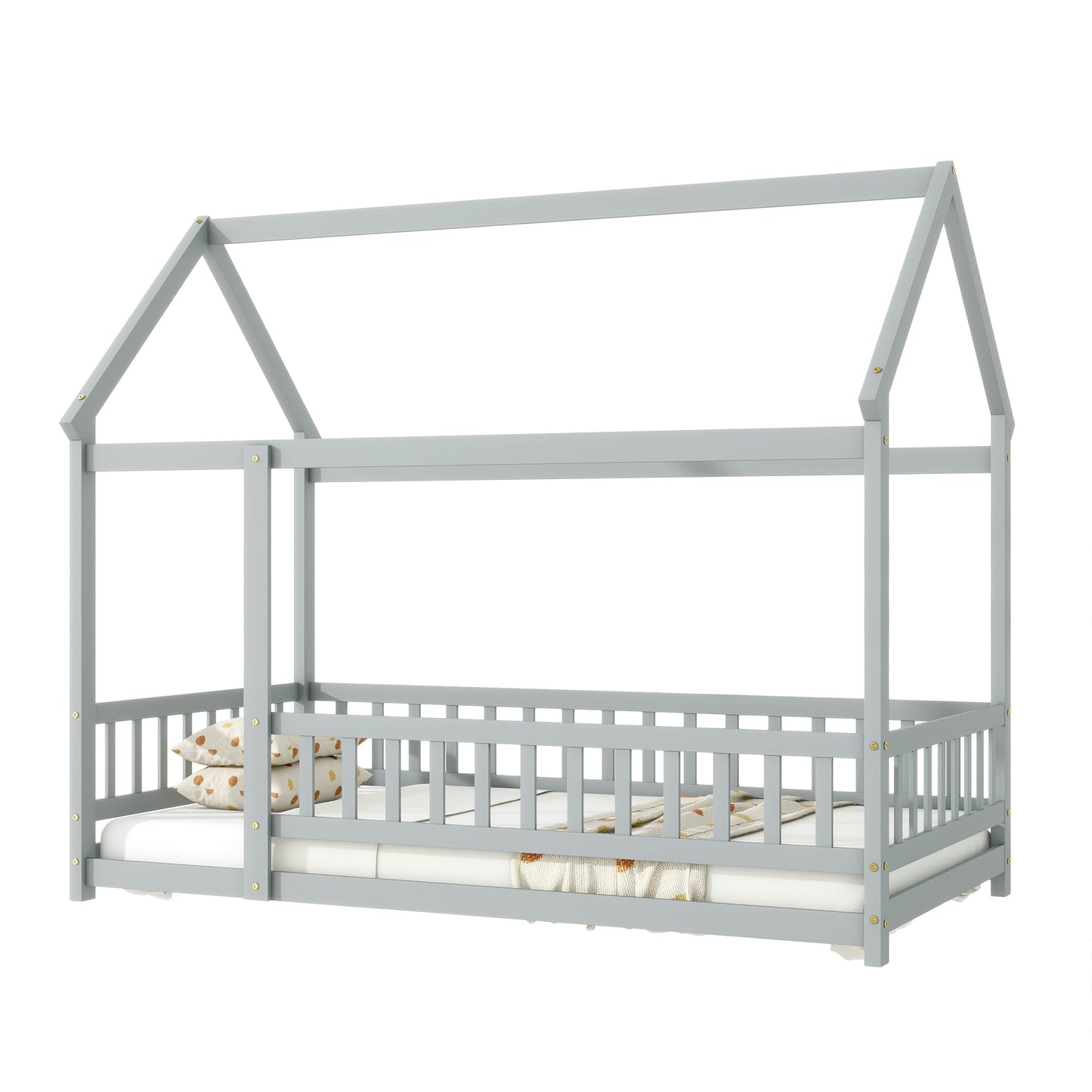 PVWIIK Twin Montessori Floor Bed with High Rails & Roof for Kids Bedroom,High Rails Bed Frame with Fence,No Box Spring Needed, Grey