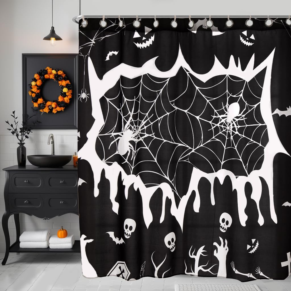 EVENHUG Halloween Shower Curtain with Hooks Waterproof Shower Curtain Set for Bathroom Halloween Theme Decorations 72x72 inch