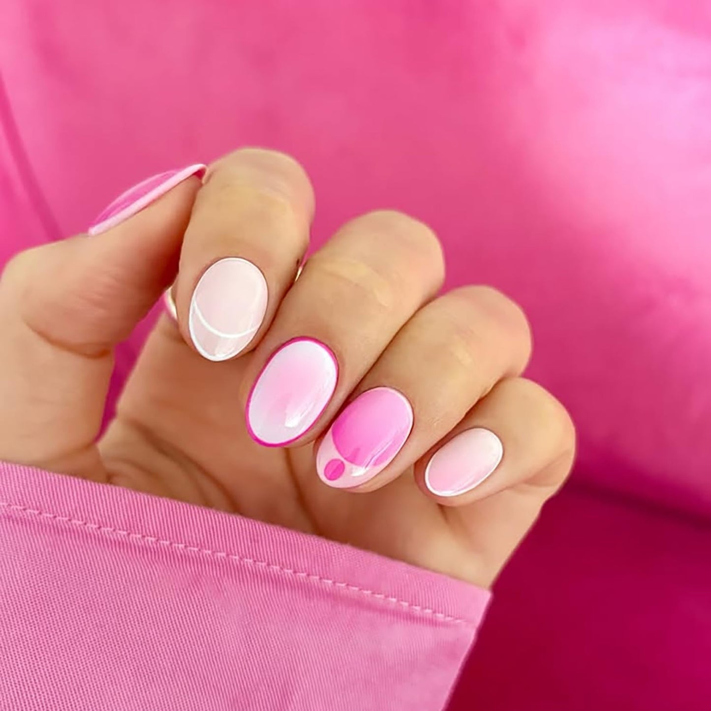Pink Almond Press On Nails Short French Tip Fake Nails Acrylic Nail Press Ons Full Cover False Nails With Artificial Glossy Designs Pink White Glue On Nails Short Stick On Nail For Women