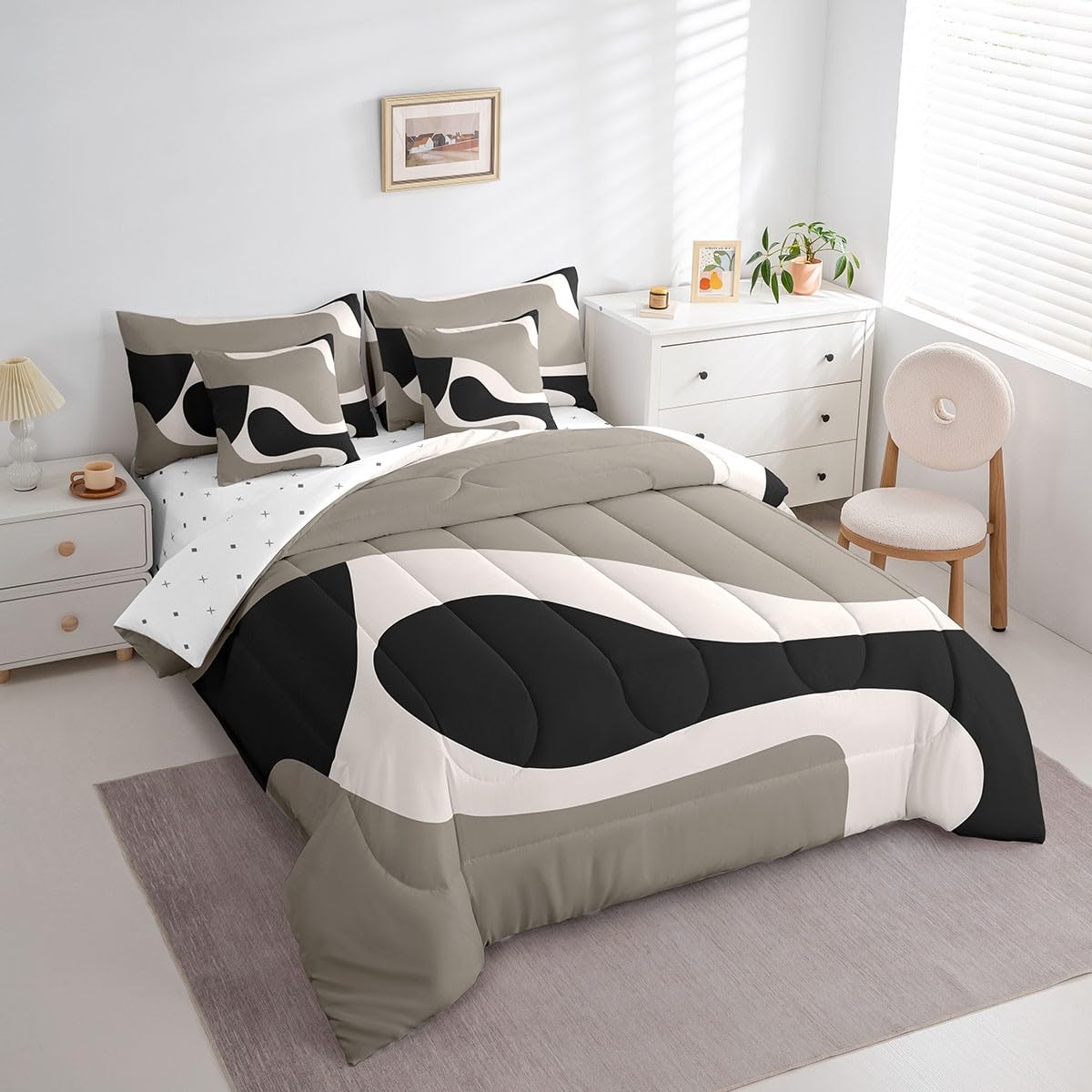 Erosebridal 7 Pcs Black Beige Striped Bed in A Bag King,Boho Modern Geometric Abstract Comforter Set for Women Men Adults, Stripes Bold Lines Bedding Set,Minimalist Stylish Art Bed Sheets