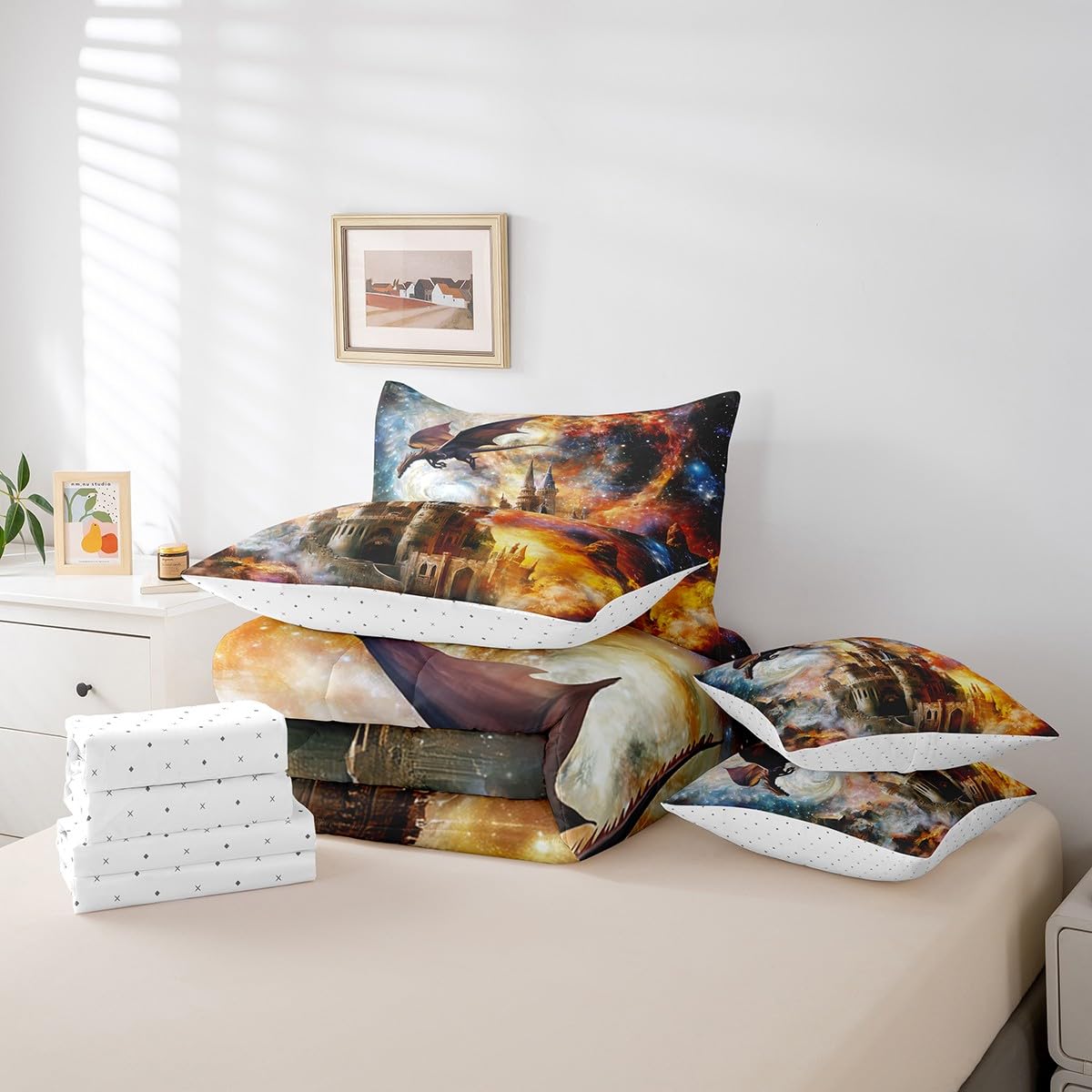 7 Pieces Retro Castle Galaxy Comforter Set Queen,Flying Dragon Bed Set for Kids Boys Girls,Magical Starry Sky Bedding(1 Comforter,1 Fitted Sheet,1 Flat Sheet,2 Pillowcases,2 Throw Pillow Cover)