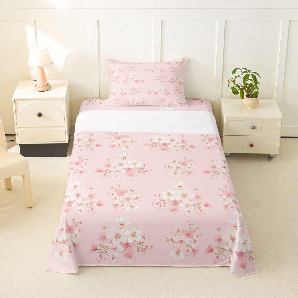 Erosebridal Cherry Blossoms Bed Sheets Set Twin Japanese Style Sheet Set Romantic Floral Leaves Sheets Pink Flower Plant Flat Fitted Sheet