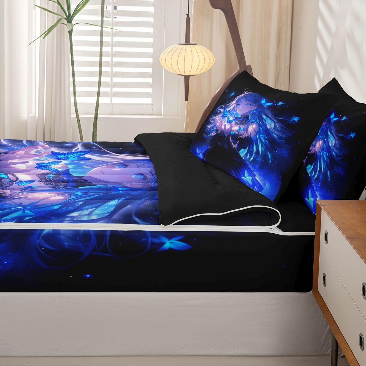 Erosebridal Japanese Girl Zipper Bedding Twin Size, Anime Gifts Kids Comforter Set - Butterfly Decorations Zip Up Comforter Bed in A Bag