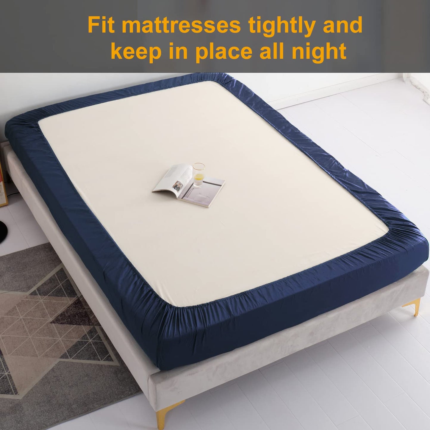 MILDLY Deep Pocket Fitted Sheet Only Queen Size 60"x80" 100% Long Staple Cotton Navy Blue Breathable Bottom Sheet Fits Up to 14" Deep Mattress