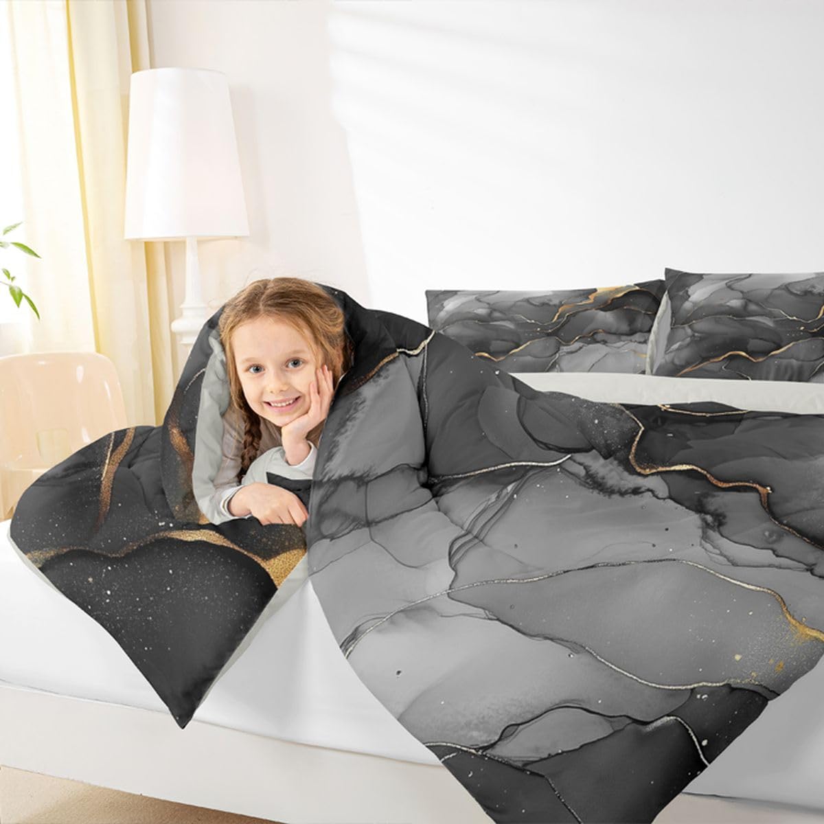 Erosebridal Marble Comforter Set King Black Grey Marble Print Bedding Set Gold Liquid Quicksand Design Comforter for Kids Boys Girls,Modern Abstract Art Quilt Duvet