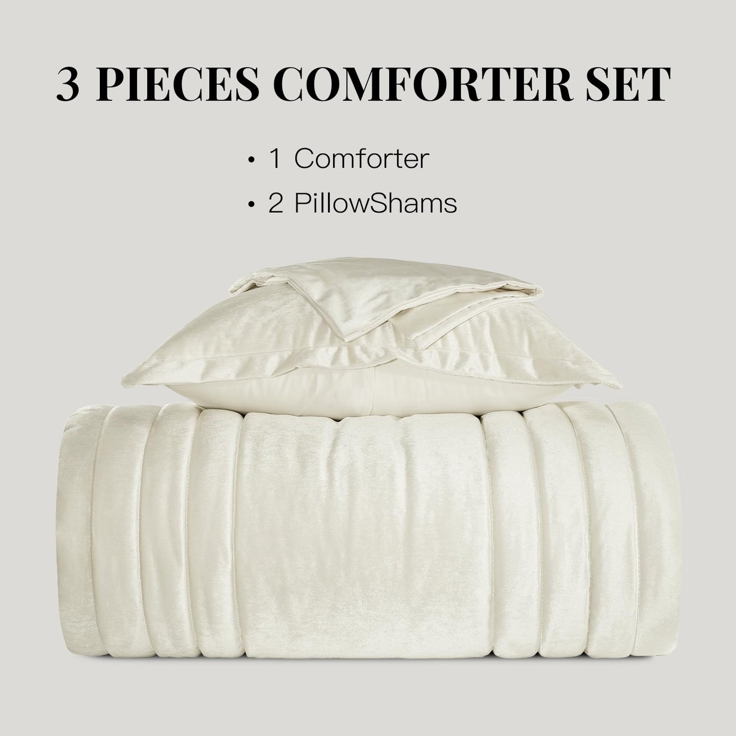 Bedding Velvet King Comforter Sets: Ivory 3 Pieces Luxurious Ultra Soft Bed Set Suitable for All Seasons - Cream White Cozy Striped Modern Rustic Lightweight Men Women Bedroom Comforters with 2 Shams
