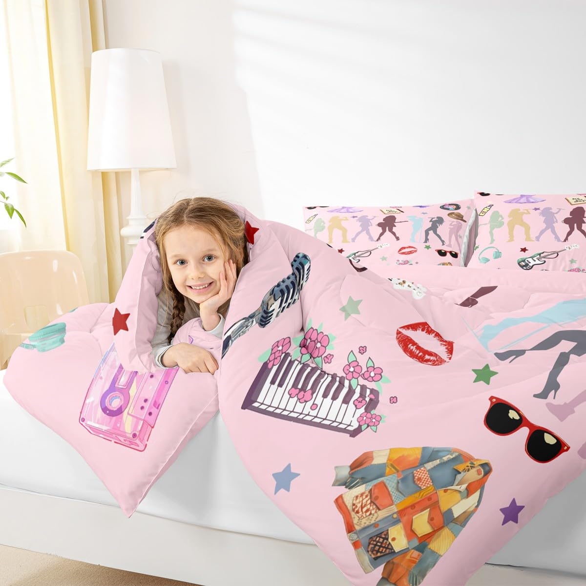 Erosebridal Pink Music Themed Bedding Set Full Girly Guitar Keyboard Comforter Set for Kids Boys Girls Disco Ball Snake Floral Bedding Comforter Sets Stylish and Modern Gifts Quilt Duvet