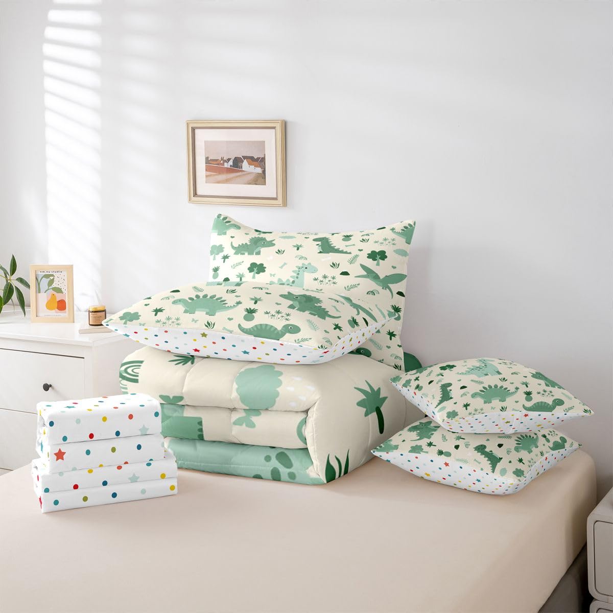 Feelyou Kids Cute Dinosaur Full Comforter Set with Sheets for Kids Boys Girls Boys Green Dinosaur 7 Pieces Bedding Set Cartoon Cute Animal Bed in a Bag Room Decor Soft Lightweight Microfiber