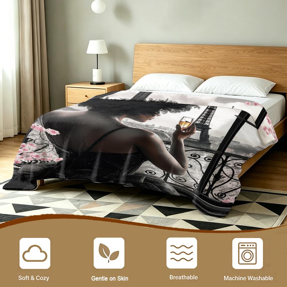 GXYAOYZG Paris Blankets Black Girl Eiffel Tower Print Black Women Flannel Throw Soft Warm Cozy Lightweight Pink Dress Blanket for Couch Sofa Bed Romantic Home Decor Women Girls Gift (49" x 59")