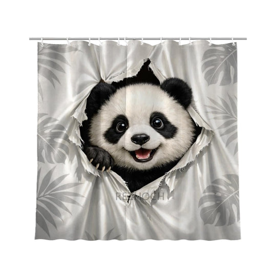 REZHOCH Cute Panda Shower Curtain 72x72Inch Fun Animal Hole Peeking Bath Curtain Waterproof Fabric Grayish White Rainforest Leaves Kid Adult Home Bathroom Decor with Hooks