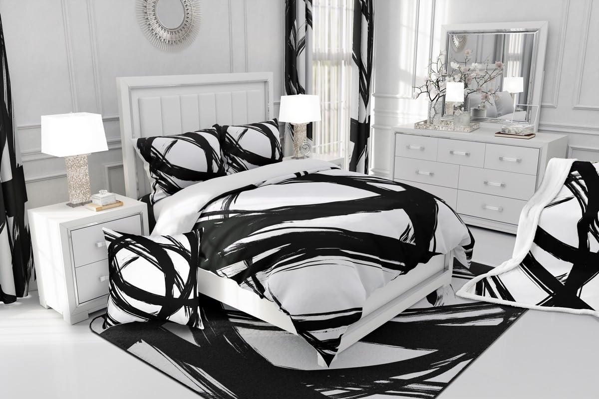 Erosebridal Black and White Abstarct Duvet Cover King for Adult Women Men, Geometric Striped Comforter Cover for Minimalists,Graffiti Aesthetic Lines Bedding Set,Contemporary Boho Modern Art Bed Set