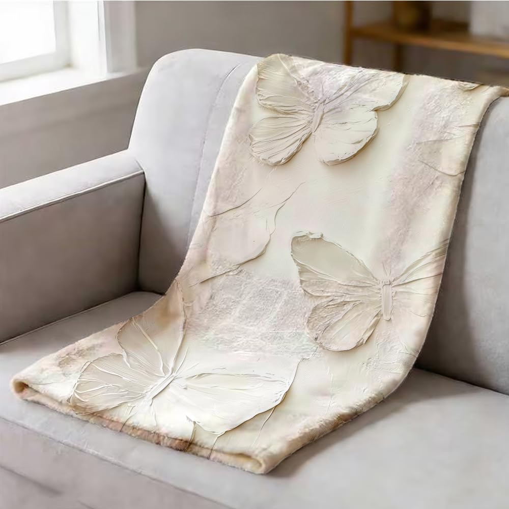 ZHOUSHUTONG Butterfly Throw Blanket Elegant White Butterflies Floral Print Gifts for Women Girls Super Soft Warm Cozy Flannel Blanket for Couch Sofa Bedroom Office Home Decor 49"x59"