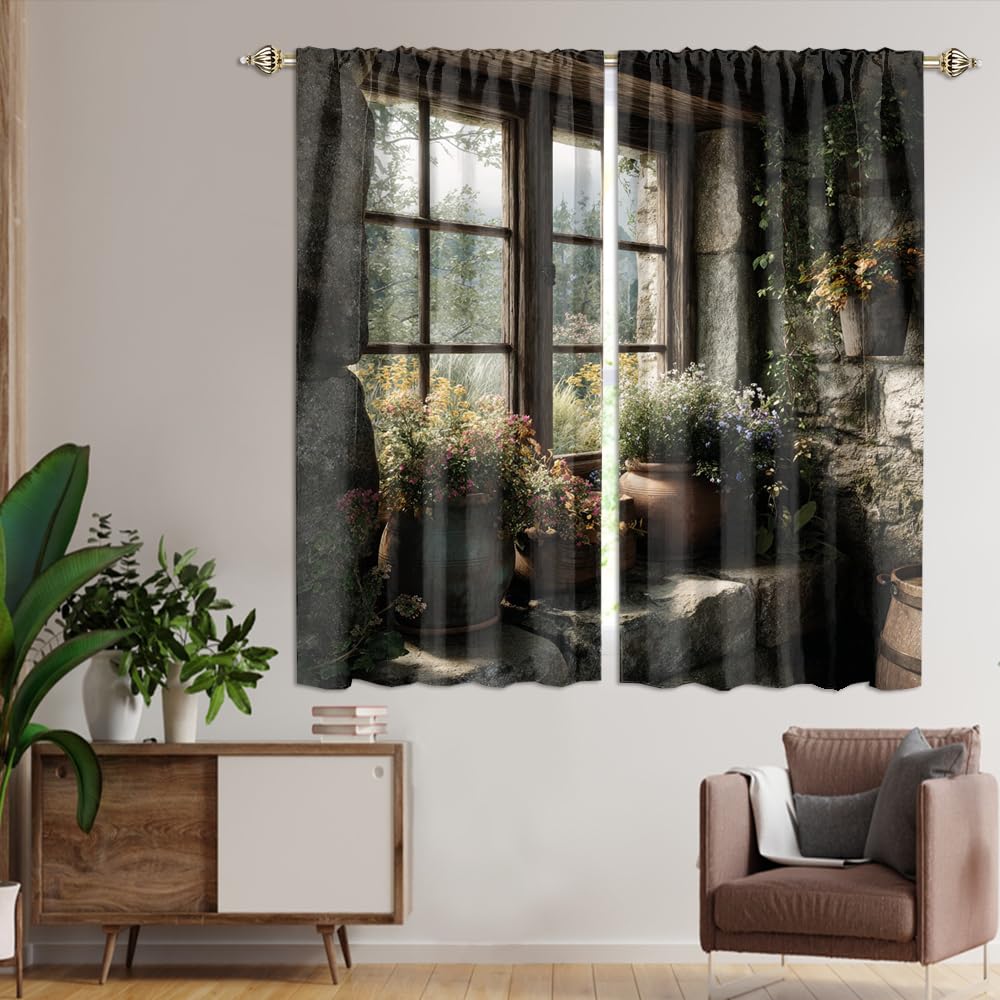 XSUPFLYM Beautiful Fantasy Stone Wall Window Thermal Curtain for Living Room Fantasy Realistic European House Plant Floral Green Leaves Blackout Curtains for Bedroom 2 Panels Each 21" W x 45" L