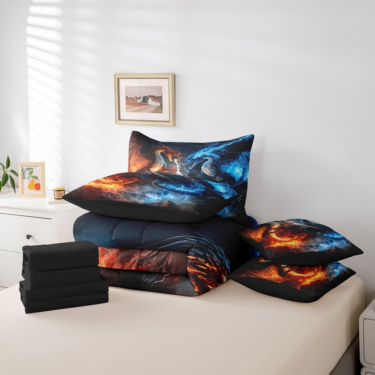 Feelyou Dragon Comforter Set with Sheets Twin Size Dragon Stuff Bed in a Bag for Boys Girls Teens Wild Life 7 Pieces Bedding Set Thunder and Lightning Bed Set Room Decor Blue Orange