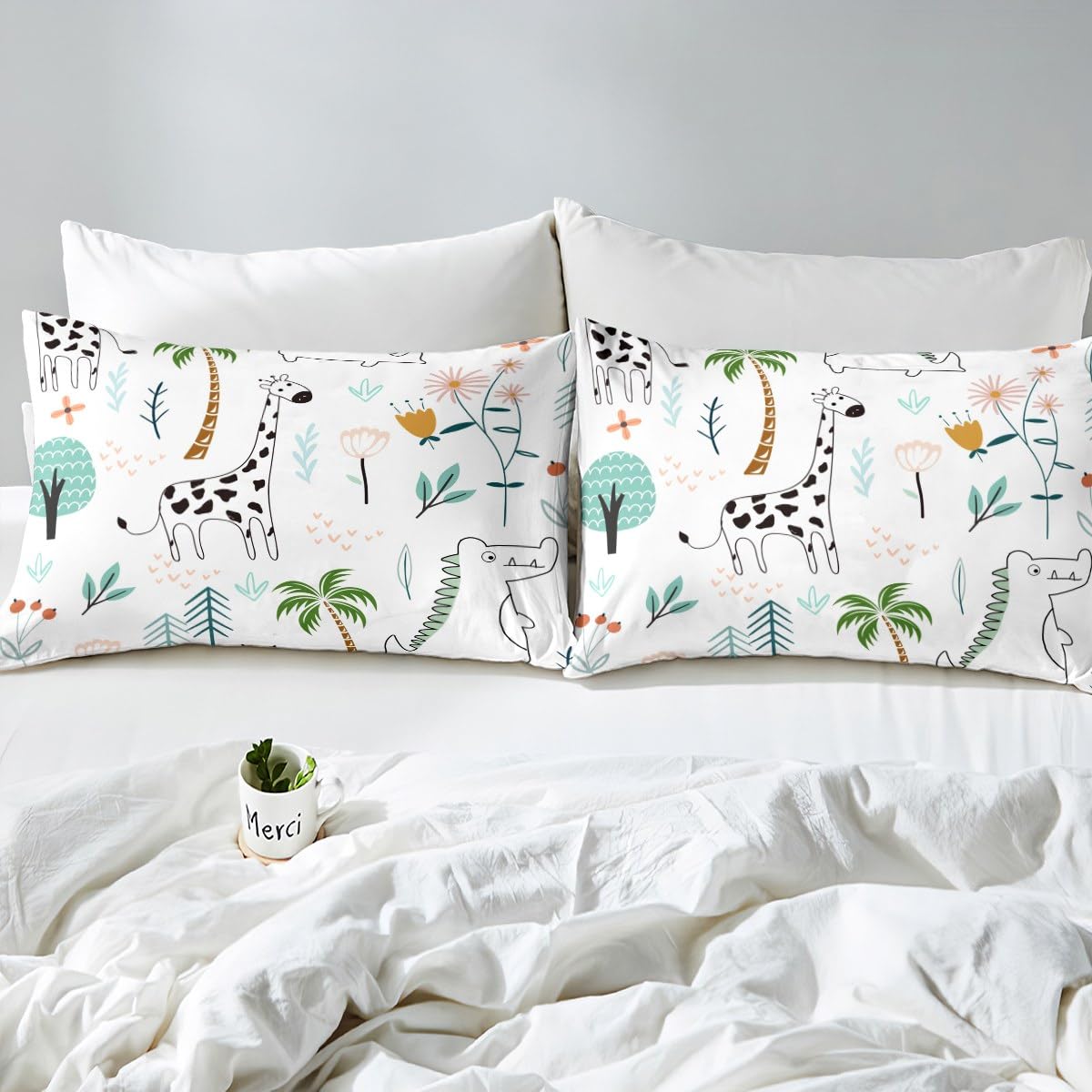 Cute Giraffe Bed Sheet Set for Kids,Cartoon Dinosaur Sketch Sheets Set,Coconut Tree Flowers Wildlife Home Decor Sheet Sets with Deep Pocket,Top Sheet,1 Pillow Case,Twin