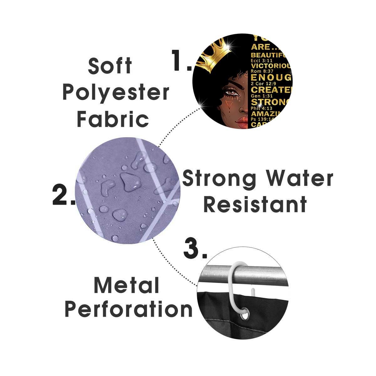 Jayden Madge 4PCS African American Woman Shower Curtain Set, Gold Crown Glitter Inspirational Quotes Ethnic Tribal Afro Girl Melanin Queen Black Women Bathroom Decor, Non-Slip Bath Mat Toilet Rug