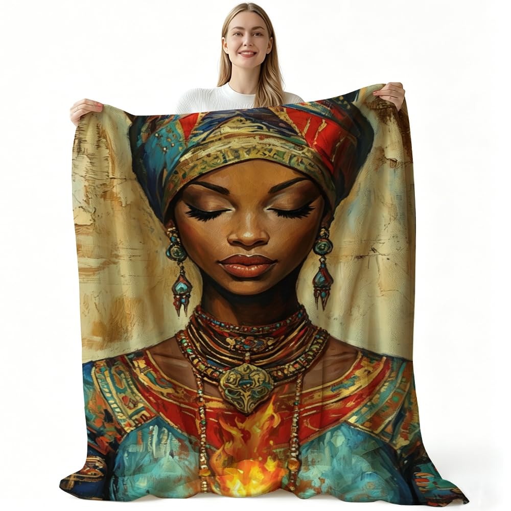 HUNXIAOJ African American Throw Blanket Black Girl Blanket African Gifts for Women Tribal Bedding Ethnic Decor Warm Soft Flannel for Sofa Couch (49in x 59in)