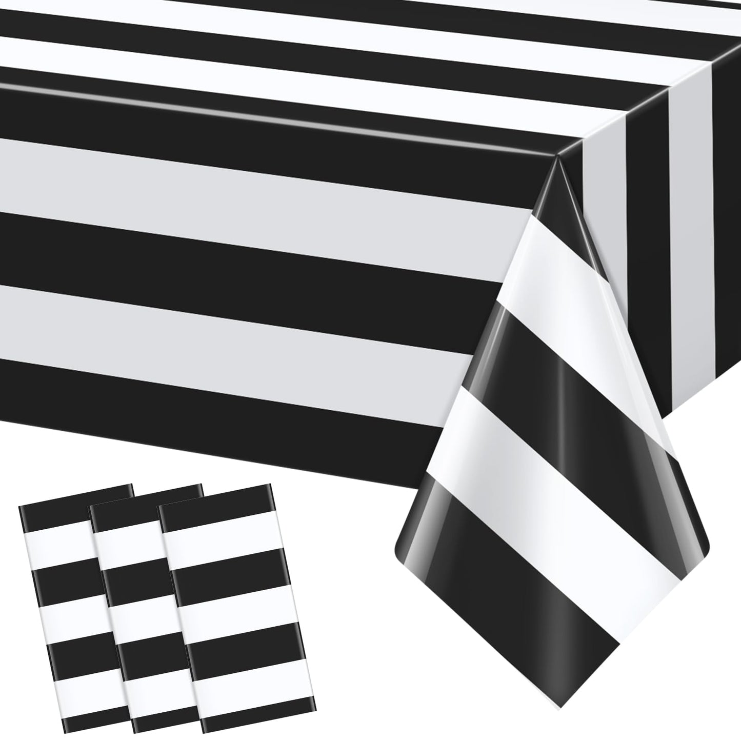 3pcs 54x108Inch Black and White Horizontal Striped Table Cloth Classic Black Stripe Tablecloths Disposable Plastic Stripe Waterproof Table Covers for Picnic Halloween Ghost Party