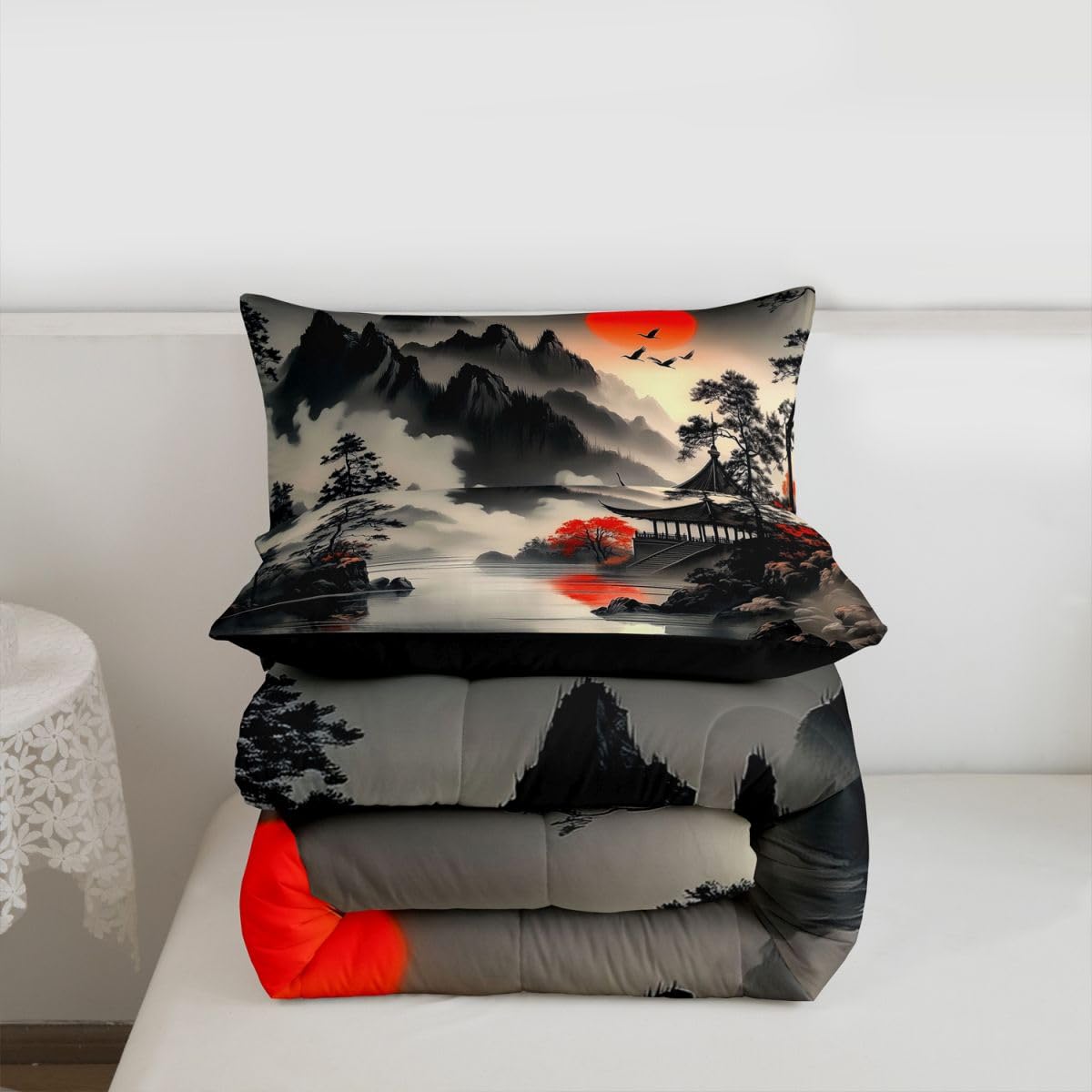 jejeloiu Chinese Ink Painting Comforter Set All Season Red Sun Bedding Set with 2 Pillow Cases Mountain Microfiber Kids Queen Bedclothes Japanese Style Bedroom Decor Duvet Quilt Breathable Soft