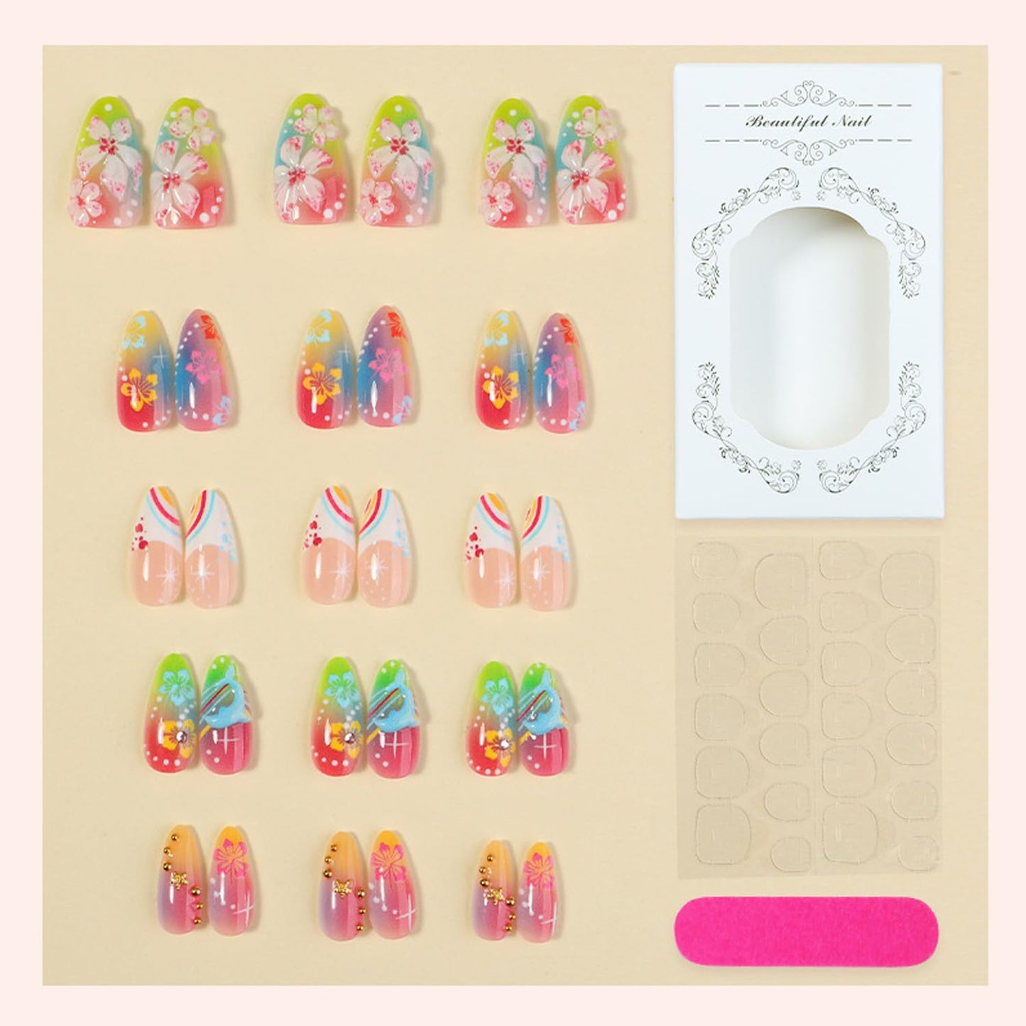 Medium Almond Press on Nails, 3D Flower Gradient Fake Nails with Dolphin, Rhinestones & Star Design,Glossy Full Cover Glue on Nails for Women, Colorful Spring-Summer Floral False Nails with Glue Tabs