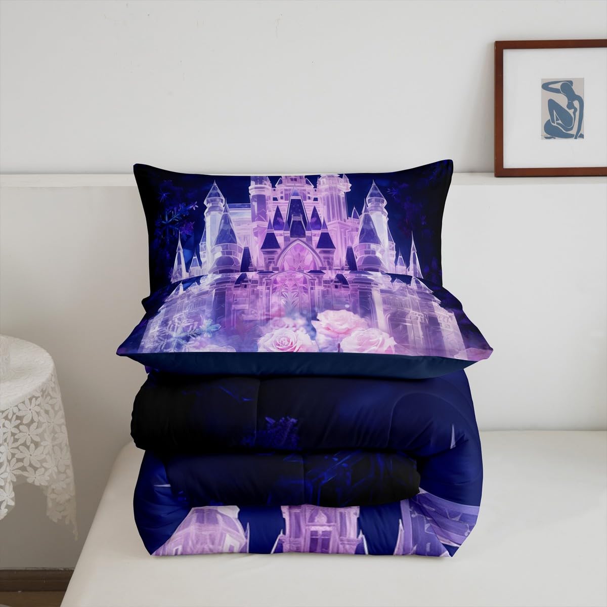 Erosebridal Purple Pink Princess Twin Bedding Set for Girls Kids,Romantic Rose Floral Comforter Set for Women,Magical Castle Toddler Bedding Set Kawaii Room Decor,Snowflake Flowers Quilt Bed Set 2Pcs