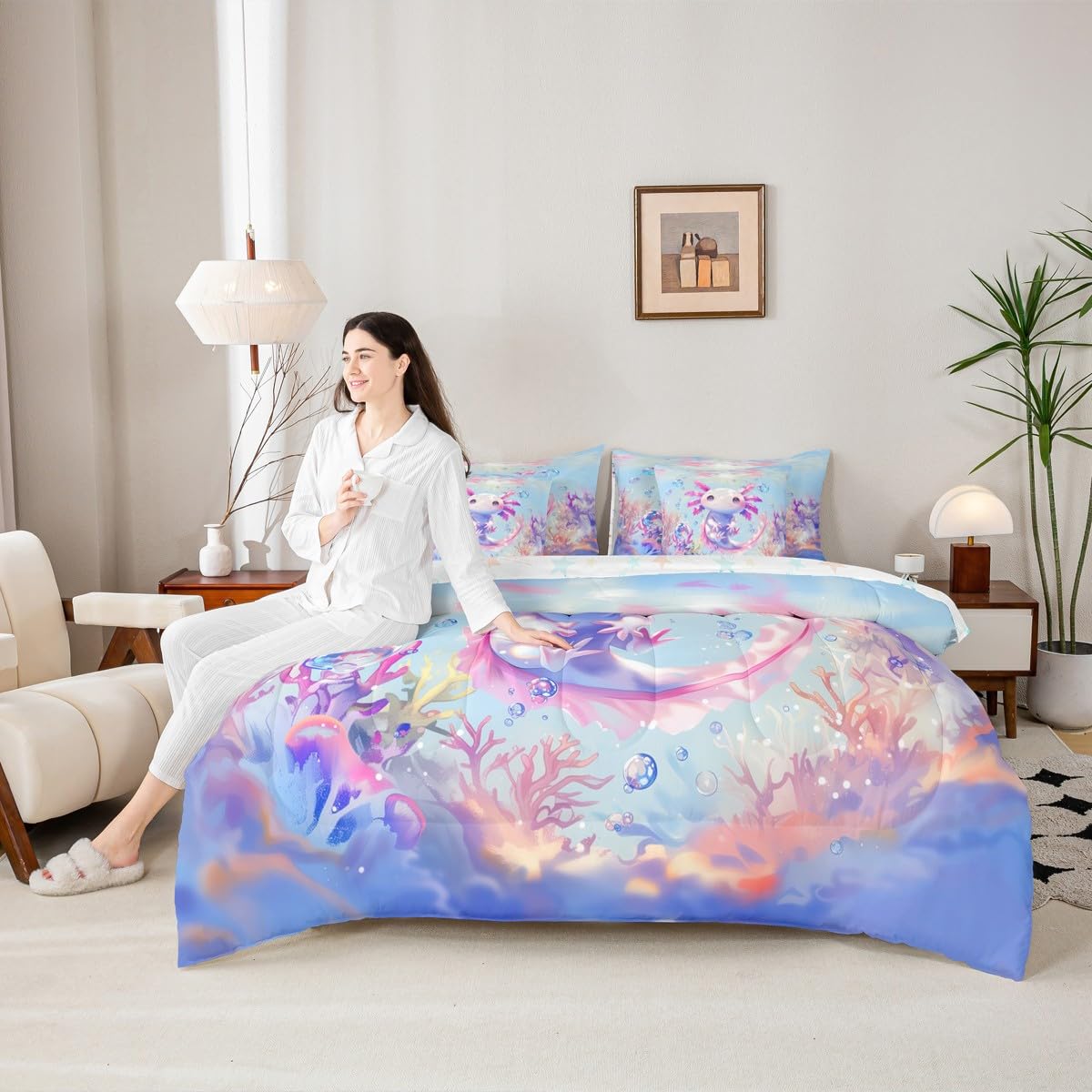 Erosebridal Queen Size Girls Cute Axolotl Bed in A Bag (7 Pieces) | Kids Sea Ocean Animal Comforter Set with Sheets Girly Cartoon Axolotl Bedding Set for Teens Kawaii Salamander Quilt Duvet Insert