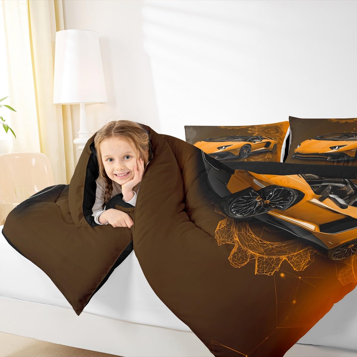 jejeloiu Speed Sports Car Comforter Set All Season Automobile Bedding Set with 1 Pillow Cases Ndustrial Gear Microfiber Kids Twin Bedclothes Bedroom Decor Duvet Quilt Breathable Soft Lightweight