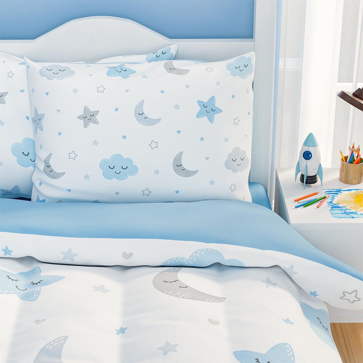 SANDJEST Star and Moon Comforter Set Twin Size 68x86in for Kids Boys Girls Unisex, Microfiber 3 Pcs Bedding Set Includes 1 Comforter, 1 Pillowcase, 1 Fitted Sheet, Nursery Room Decor