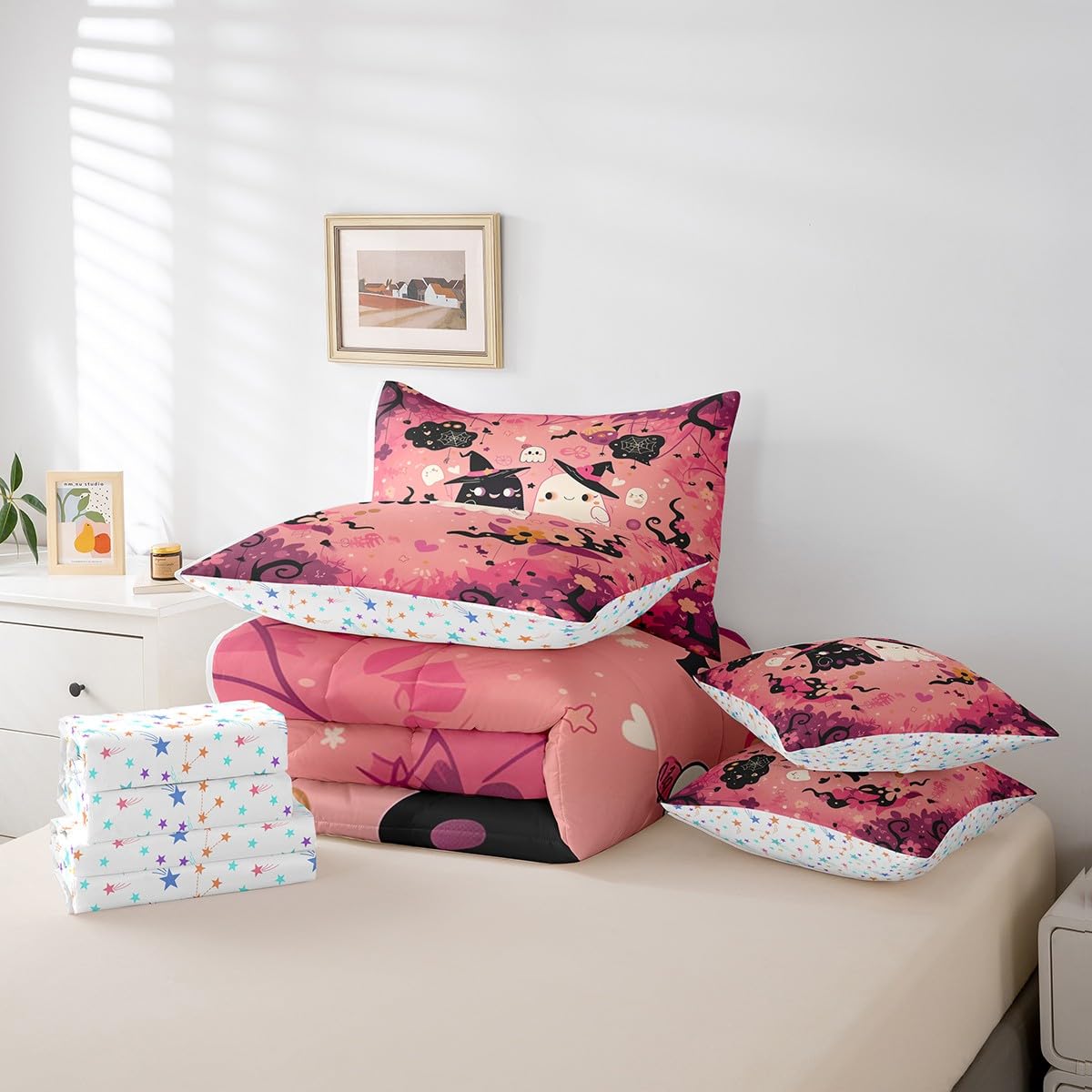 Feelyou Happy Halloween 7 Piece Bedding Set Twin Size Cute Ghost Groovy Bed in a Bag for Kids Boys Girls Teens Pink Sweet Comforter Set with Sheets Spiderweb Bed Set