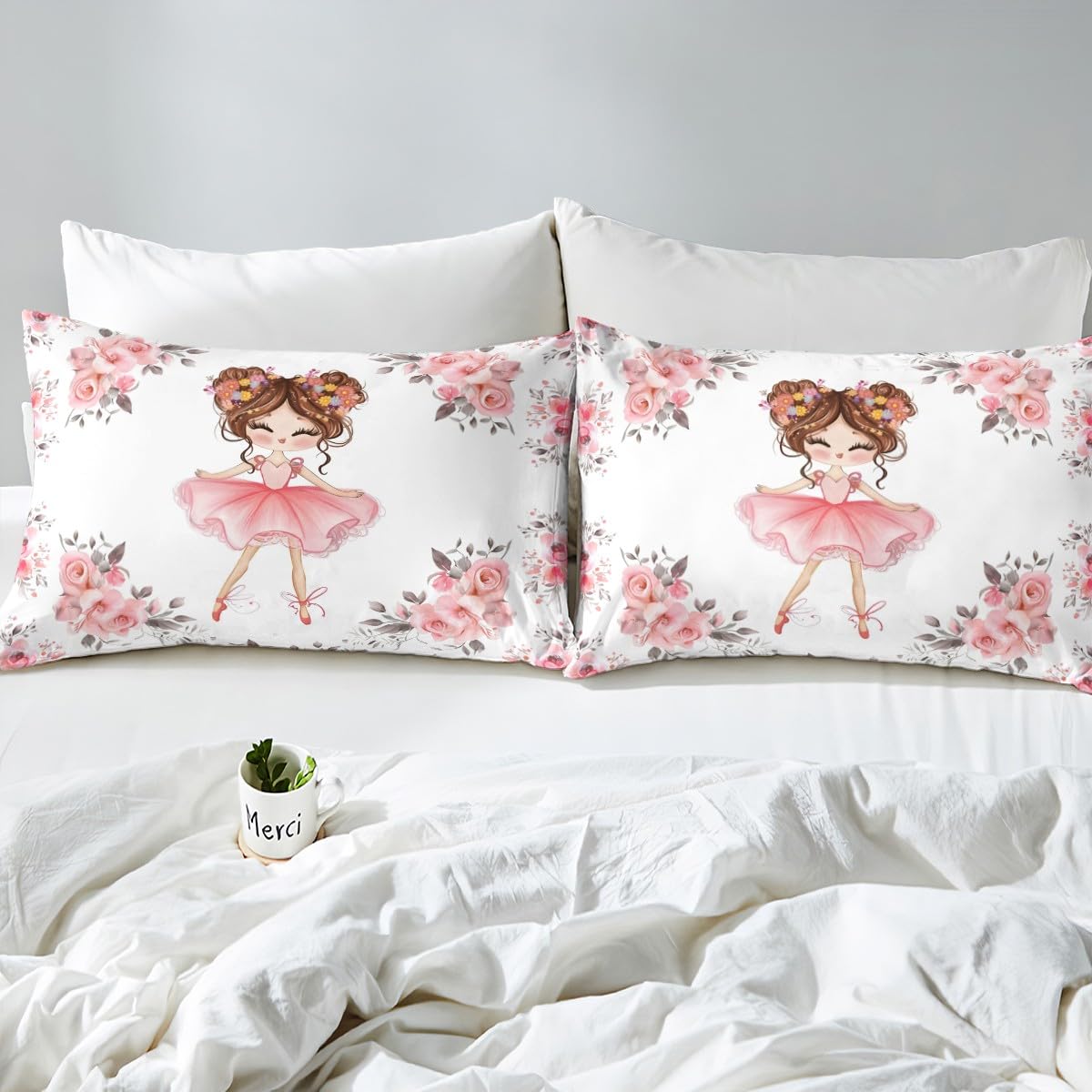 Erosebridal Ballet Bedding Sets Twin for Girls Kids Ballerina Design Fitted Sheet Cute Little Dancers Rose Flower Print Bed Sheets Girly Love Gymnastics Modern Trendy Pink White