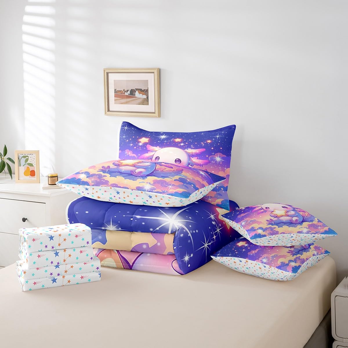 Feelyou Kids Cute Axolotl Bed in A Bag Twin Size, Galaxy 7 Pieces Bedding Set Boys Girls Cartoon Salamander Comforter Set with Sheets Kawaii Animal Teens Bed Set Bedroom Decor 7Pcs