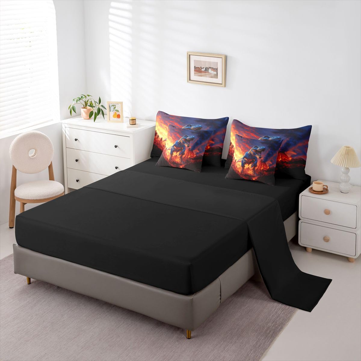Feelyou Kids Dino Twin Comforter Set with Sheets for Kids Boys Girls Dinosaur 7 Pieces Bedding Set Ancient Jungle Dinosaur Bed in a Bag Volcano Room Decor Yellow Red Soft Lightweight Microfiber
