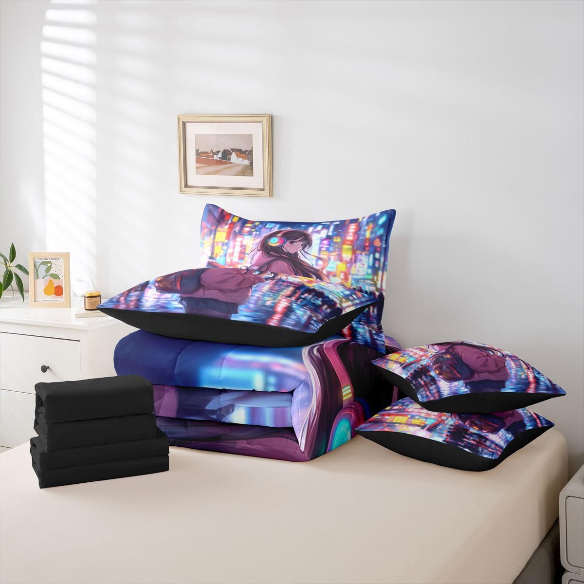Erosebridal Cool Anime Girl Bedding Set Japanese Style Kids Full Comforter Set 7 Piece 3D Cartoon Girly Anime Bed in A Bag Sci Fi Style Gaming Sheet Set with Comforter Room Decor