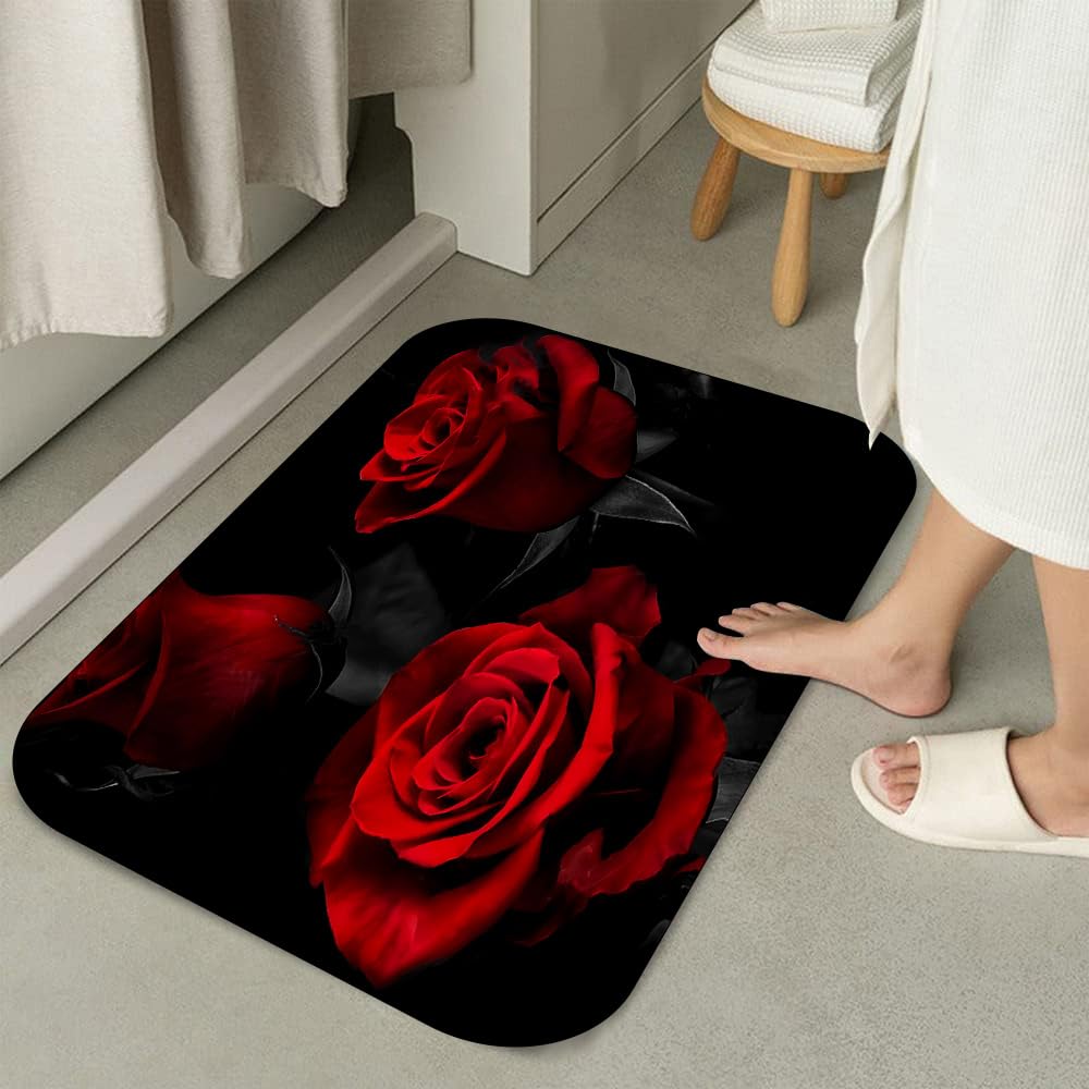 RinRinfam 4 Pcs Rose Shower Curtain Set, Flower Romantic Rose Curtain with Non-Slip Rug,Toilet Lid Cover,U Shape Mat,Waterproof Shower Curtains with 12 Hooks Bathroom Decor, Red Black 72"×72"
