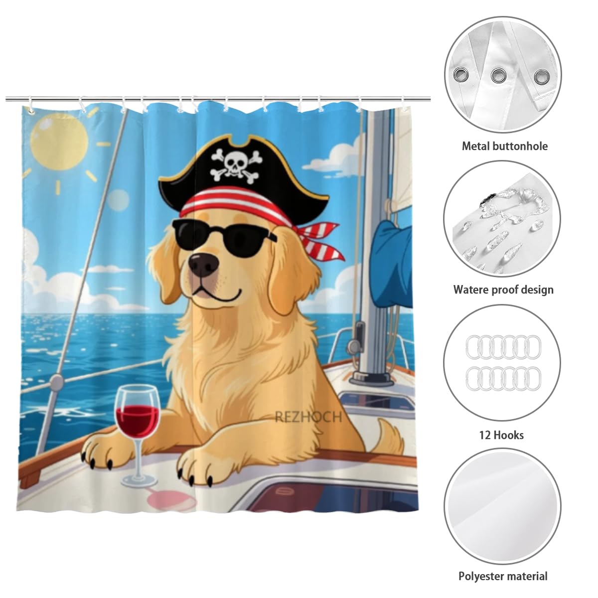 REZHOCH Funny Shower Curtain Cool Golden Retriever Wear Pirate Headscarf in Sunglasses Relaxing on Yacht Beach Bathroom Decor,Vacation Pet Art,Waterproof Fabric Curtain,72x72,12 Hooks