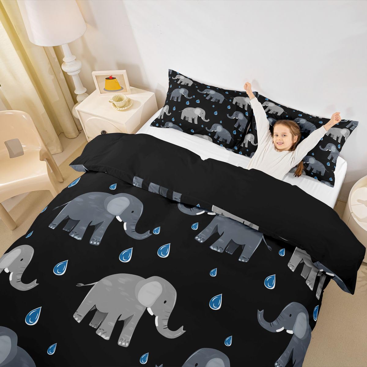 Erosebridal Elephant Comforter Cover Twin Black and Gray Duvet Cover for Kids Teens Raindrops Bedding Set Wild Animals Bed Set