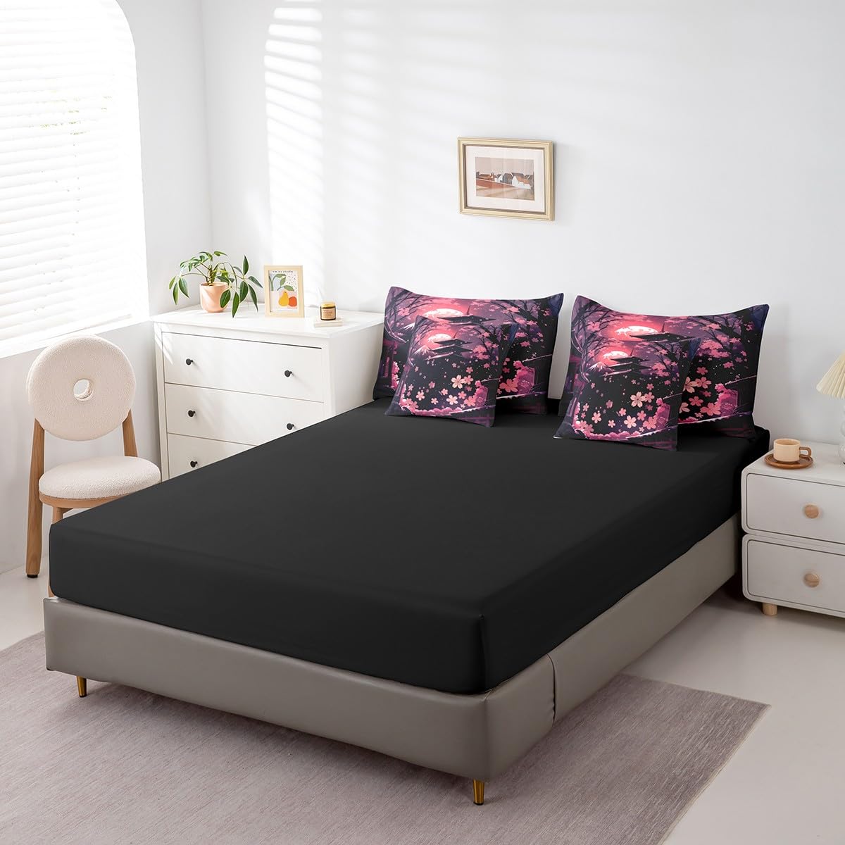Erosebridal Pink Cherry Blossom Queen Comforter Set,Japanese Style Floral Bed Set 7 Piece for Kids Girls Women,Oriental Aesthetic Bedding Set Mountain Scene Bed in a Bag with Fitted Sheet,Flat Sheet