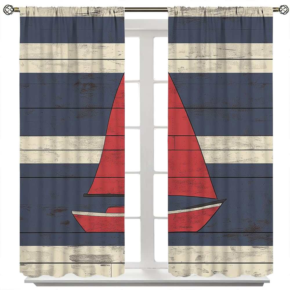 YFBBINS Abstract Sailboat Pattern Blackout Curtains Thermal Insulated for Bedroom Living Room, Stripe Sailing Ship Vintage Rod Pocket Curtain Light Blocking Drapes, 2 Panels, Each 21 W x 45 L inch