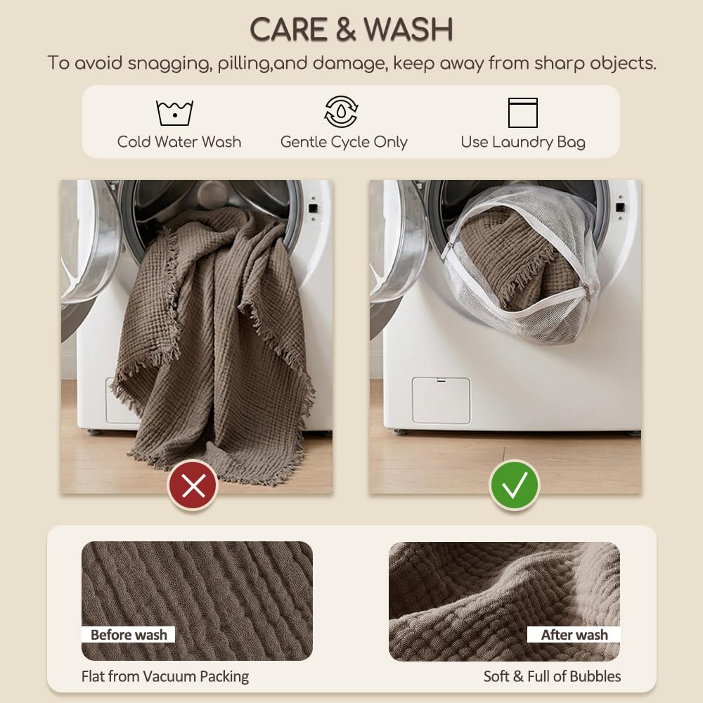 WDCOZY Muslin Throw Blanket 100% Cotton Blankets 4-Layer Breathable Lightweight Soft for Couch Boho Farmhouse Linen Tassels Ruffle Gauze Blankets 50x60 Inches Brown Mocha Chocolate Coffee Taupe