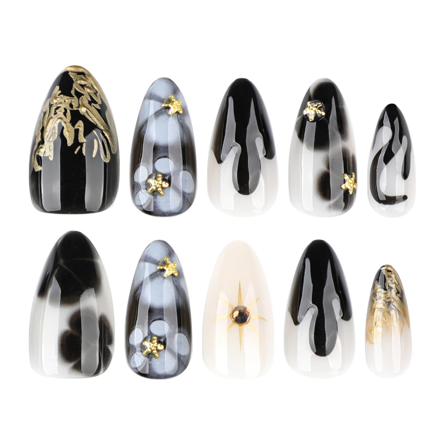 Black Press on Nails Short Almond Fake Nails with 3D Star Rhinestones Gold Stripes Designs Glossy Flowers Glue on Nail Reusable Artificial Acrylic Full Cover Stick on False Nail for Women 24Pcs