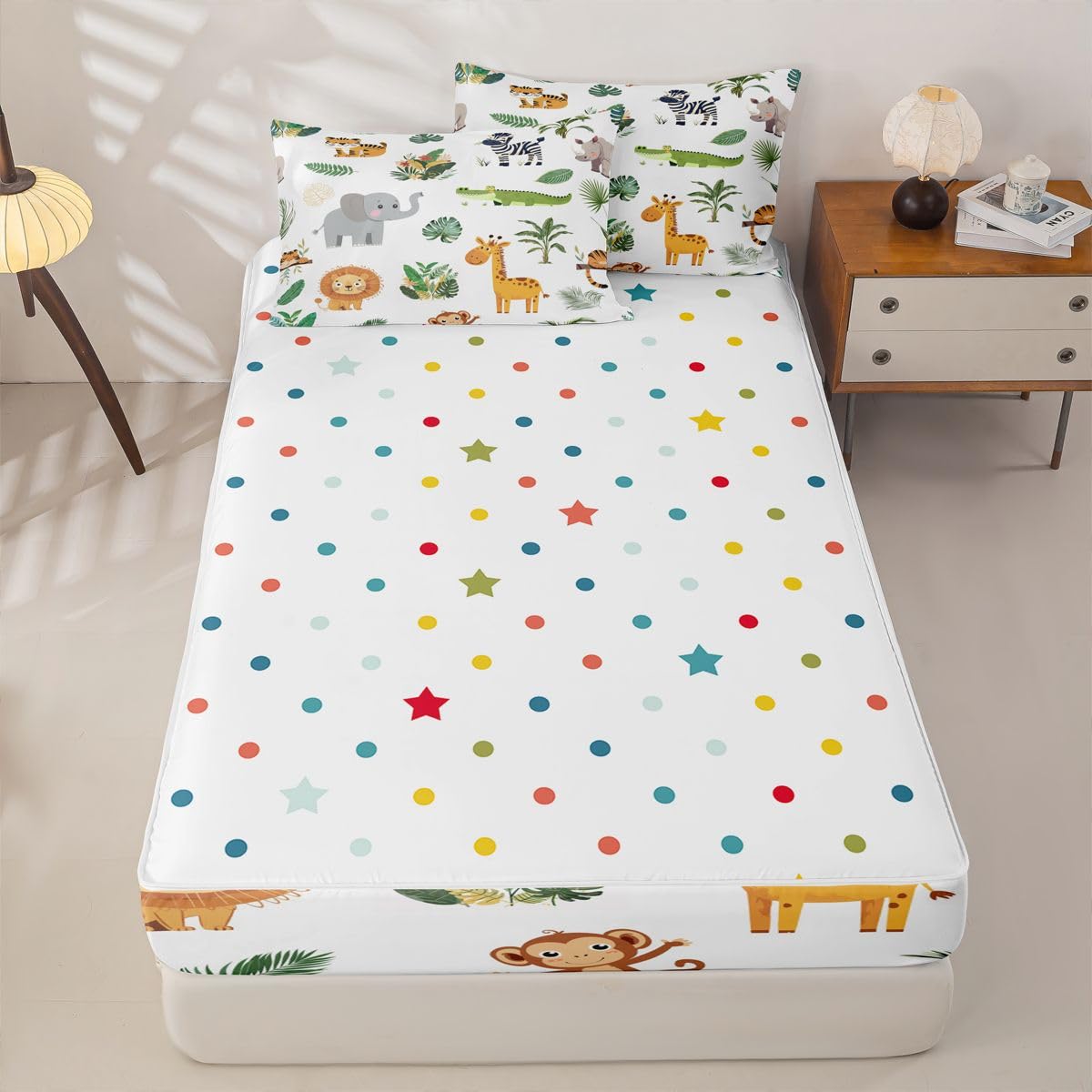 Erosebridal Wild Animals Zip Up Bedding Set Twin Safari Animals Zipper Comforter Set with Sheets Boys Girls Cute Crocodile Lion Bed in a Bag Cartoon Elephant Giraffe Tropical Bed Sets