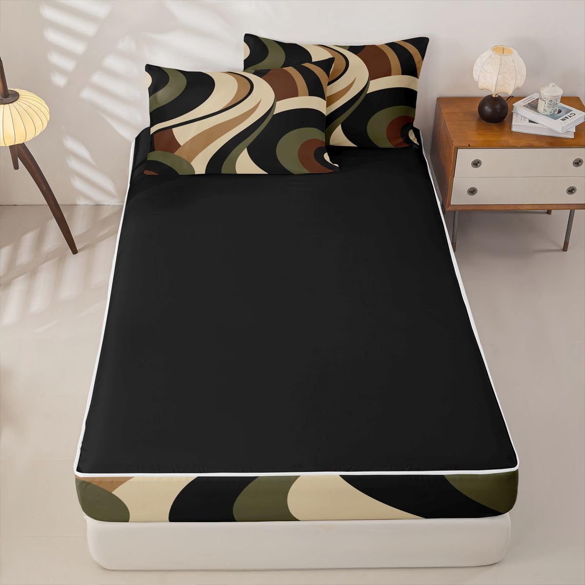 Erosebridal Green Brown Spiral Zipper Bedding Set Twin for Adult Women Men Modern Swirls Stripes Abstract Zipper Comforter Set with Sheets for Minimalists Boho Bed in a Bag Graffiti Art Lines Bed Sets